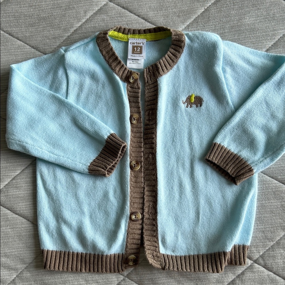 Carter's Light Blue and Brown Kids Sweater preppy, baby pics, elephant logo